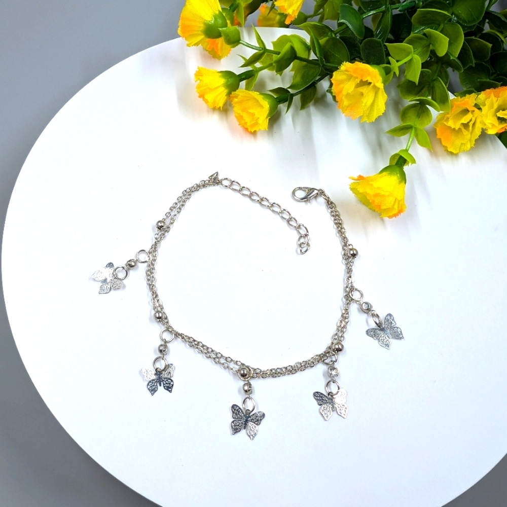 Butterfly Charm Multi Strand Vintage Silver Plated Bracelet / Anklet